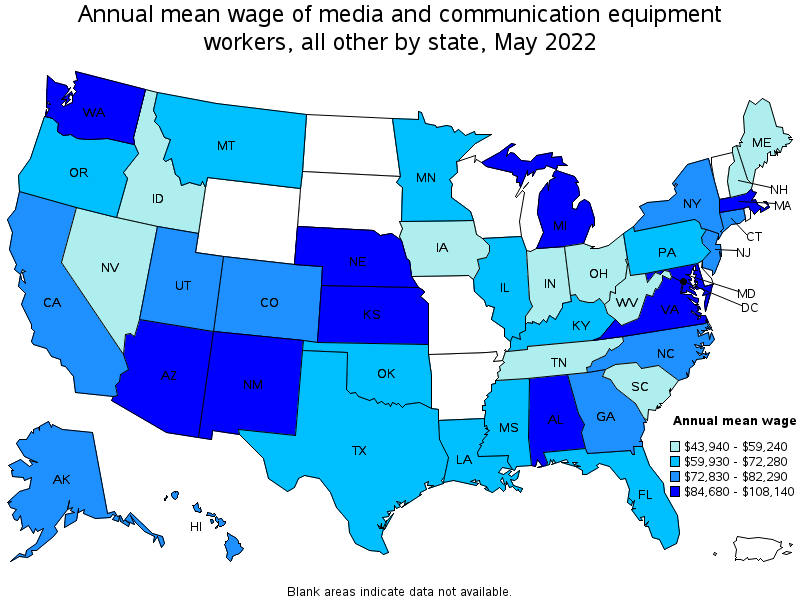 Map of annual mean wages of media and communication equipment workers, all other by state, May 2022
