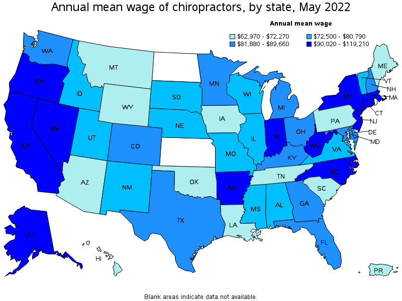 Map of annual mean wages of chiropractors by state, May 2022