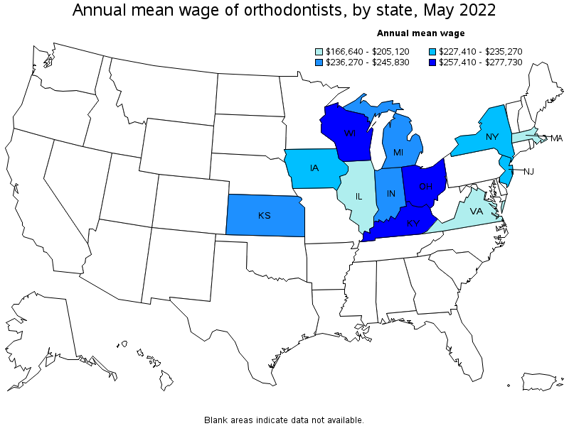 Map of annual mean wages of orthodontists by state, May 2022