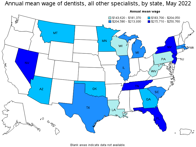 Map of annual mean wages of dentists, all other specialists by state, May 2022