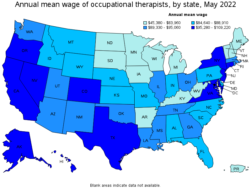Map of annual mean wages of occupational therapists by state, May 2022