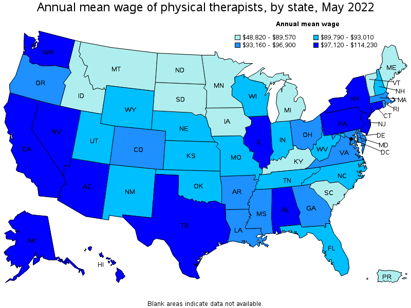 Map of annual mean wages of physical therapists by state, May 2022