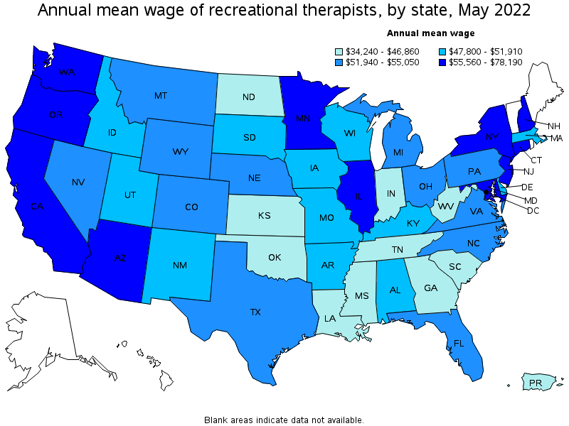 Map of annual mean wages of recreational therapists by state, May 2022
