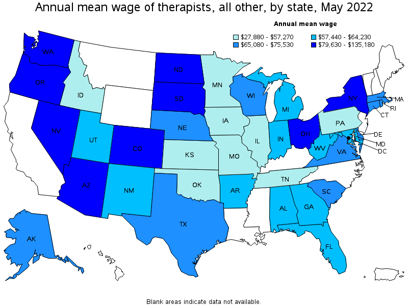 Map of annual mean wages of therapists, all other by state, May 2022