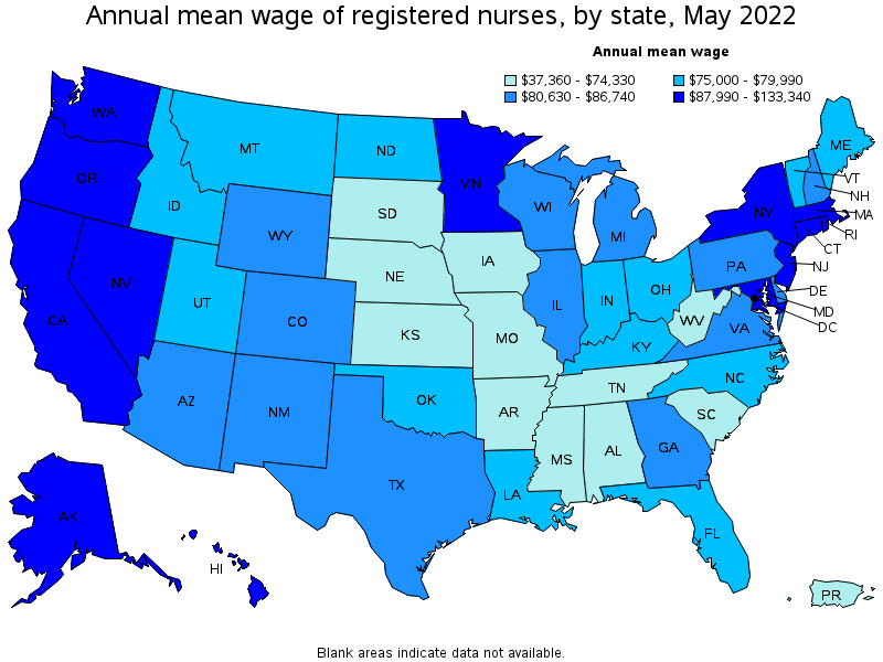 Map of annual mean wages of registered nurses by state, May 2022