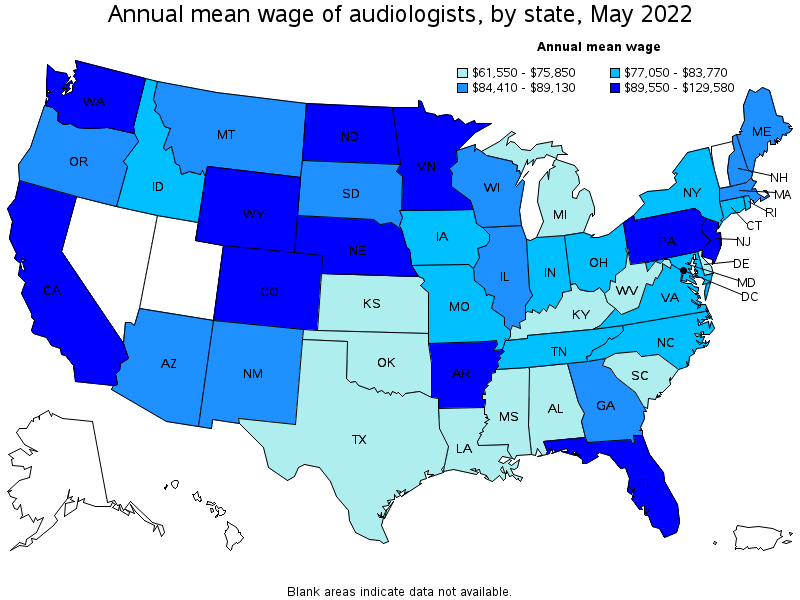 Map of annual mean wages of audiologists by state, May 2022