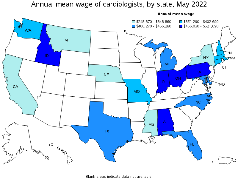 Map of annual mean wages of cardiologists by state, May 2022