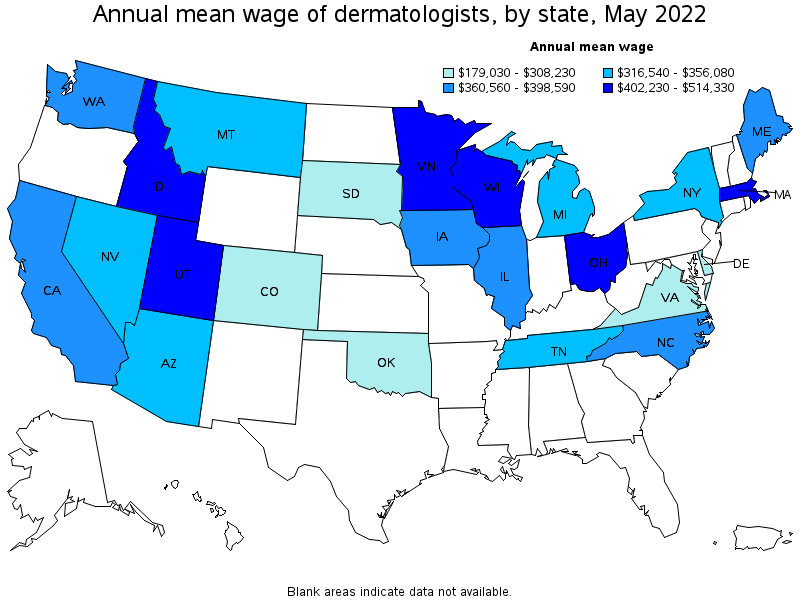 Map of annual mean wages of dermatologists by state, May 2022