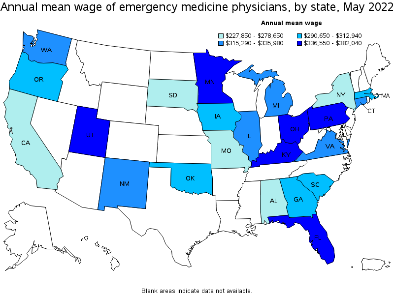Map of annual mean wages of emergency medicine physicians by state, May 2022