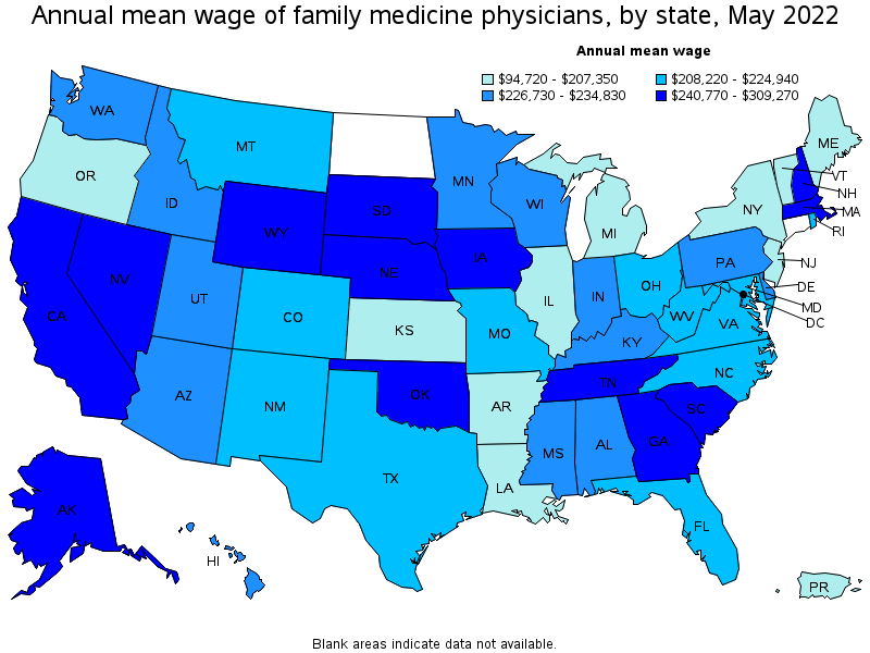 Map of annual mean wages of family medicine physicians by state, May 2022