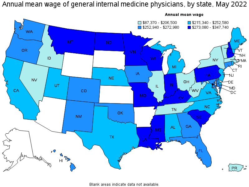 Map of annual mean wages of general internal medicine physicians by state, May 2022