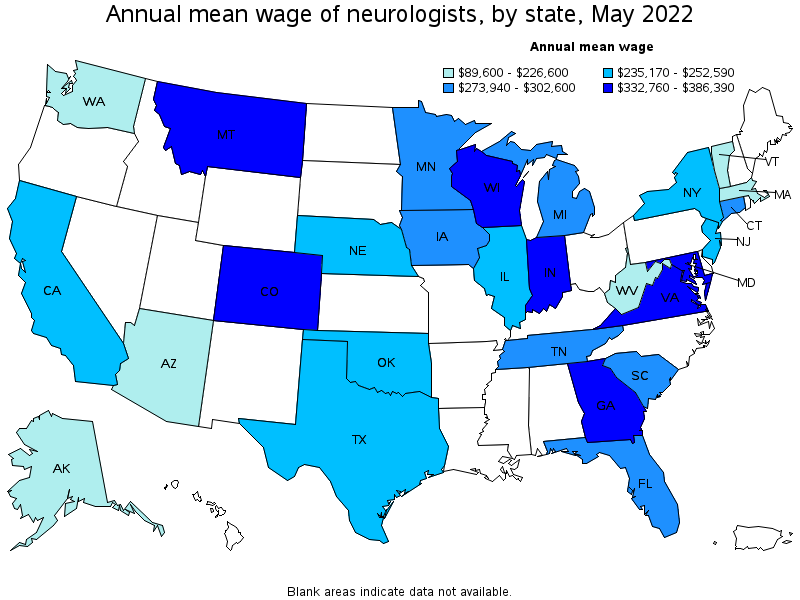 Map of annual mean wages of neurologists by state, May 2022