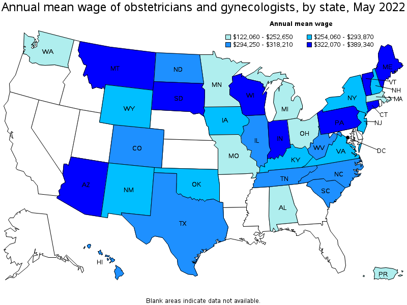 Map of annual mean wages of obstetricians and gynecologists by state, May 2022