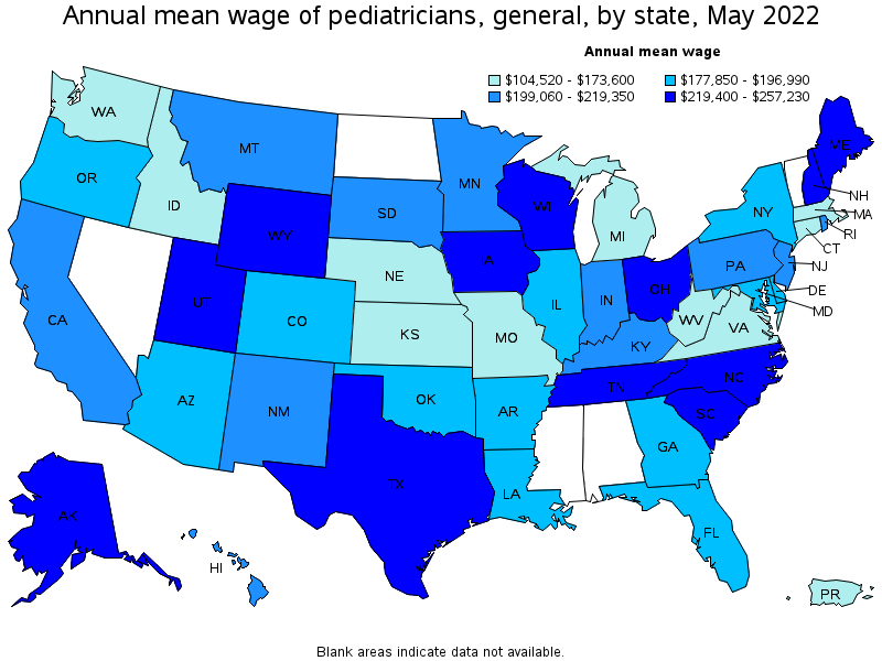 Map of annual mean wages of pediatricians, general by state, May 2022