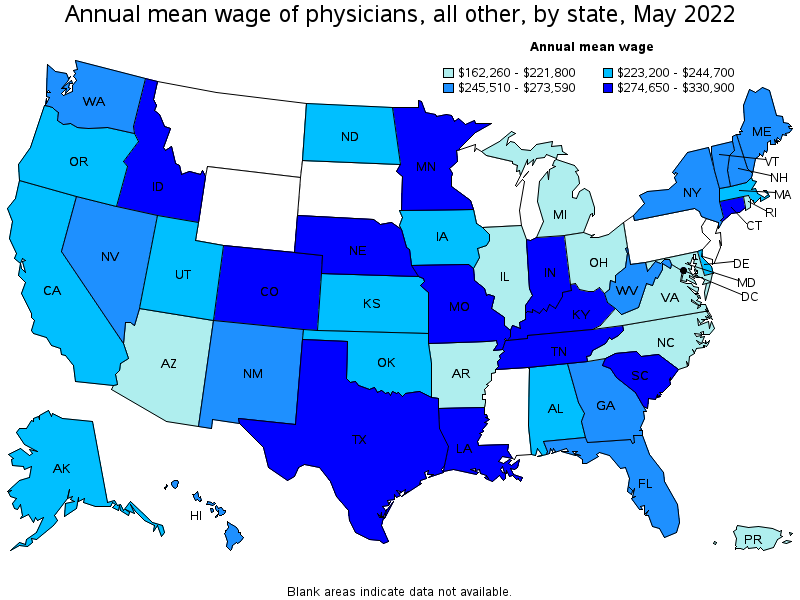 Map of annual mean wages of physicians, all other by state, May 2022