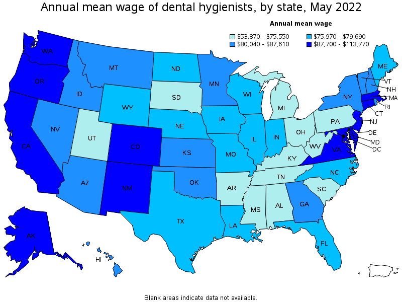 Map of annual mean wages of dental hygienists by state, May 2022