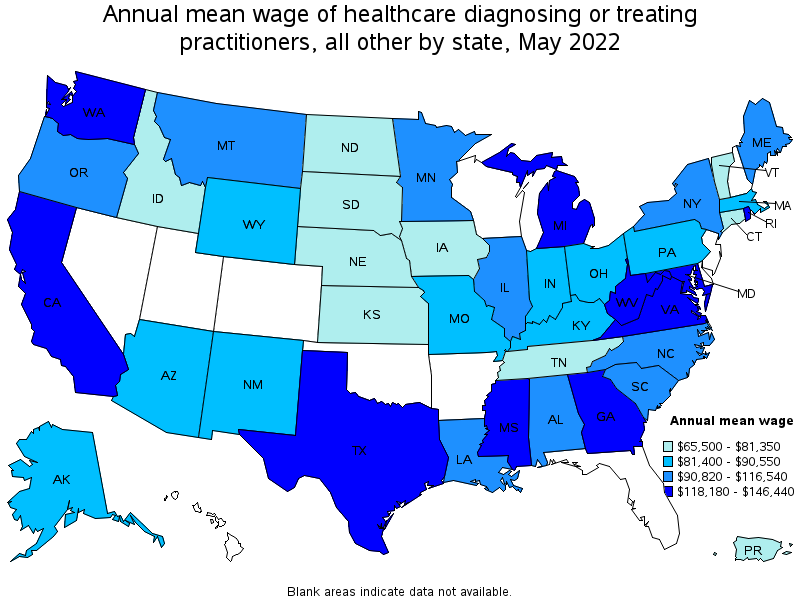 Map of annual mean wages of healthcare diagnosing or treating practitioners, all other by state, May 2022