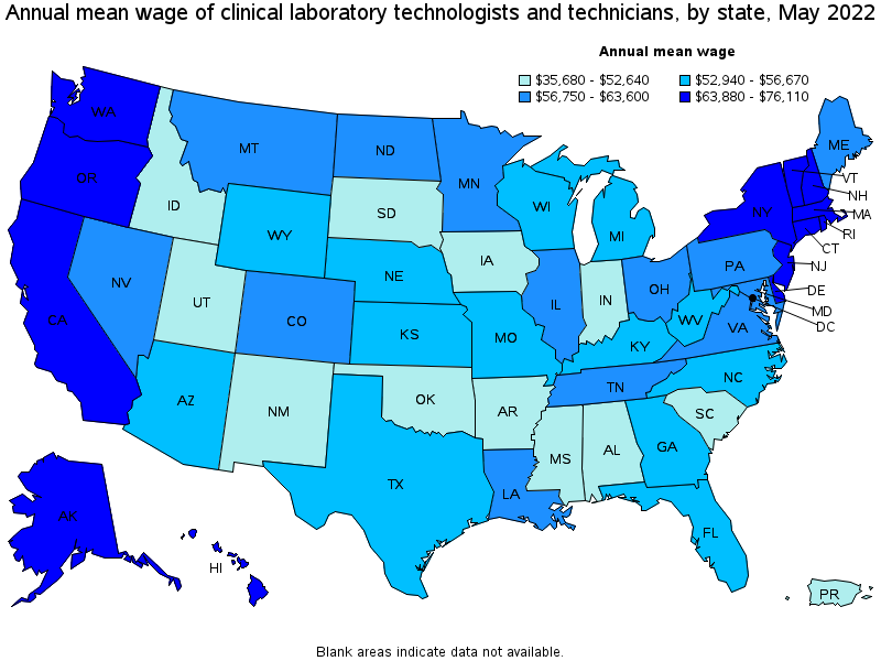 Map of annual mean wages of clinical laboratory technologists and technicians by state, May 2022