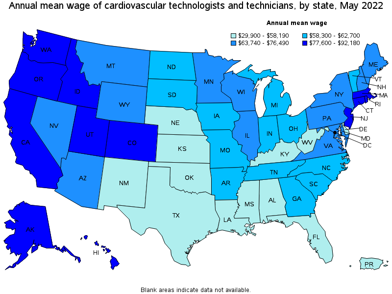 Map of annual mean wages of cardiovascular technologists and technicians by state, May 2022