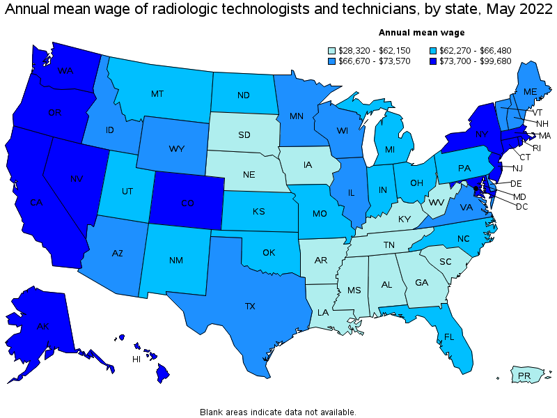 Map of annual mean wages of radiologic technologists and technicians by state, May 2022