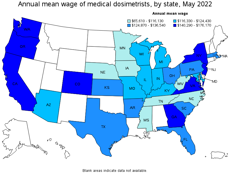 Map of annual mean wages of medical dosimetrists by state, May 2022