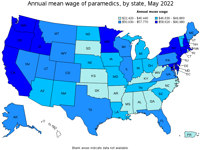 Map of annual mean wages of paramedics by state, May 2022