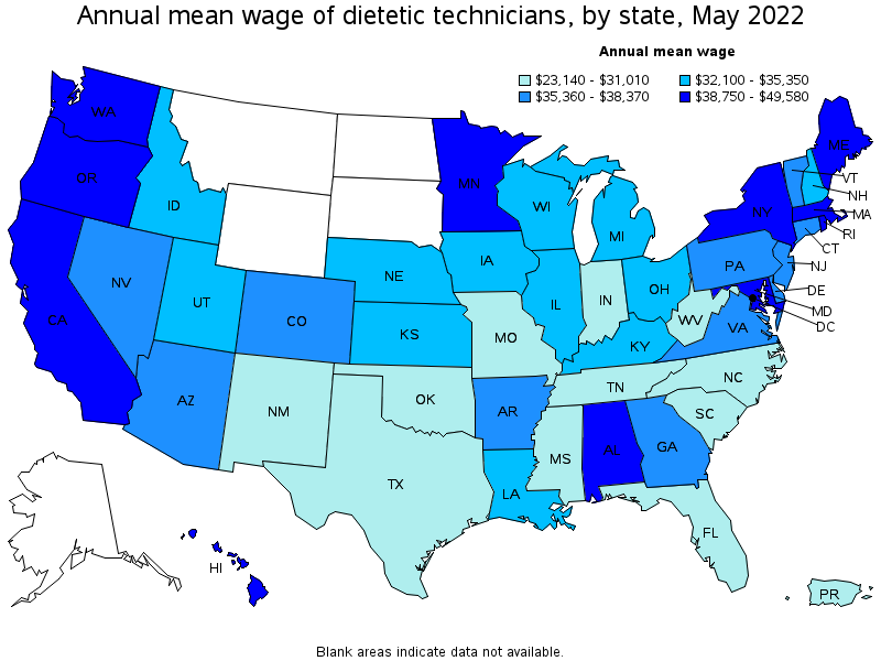 Map of annual mean wages of dietetic technicians by state, May 2022