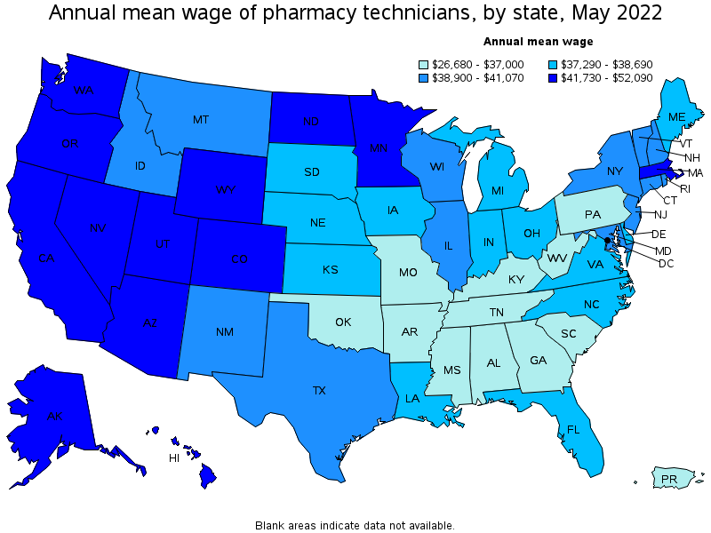 Map of annual mean wages of pharmacy technicians by state, May 2022