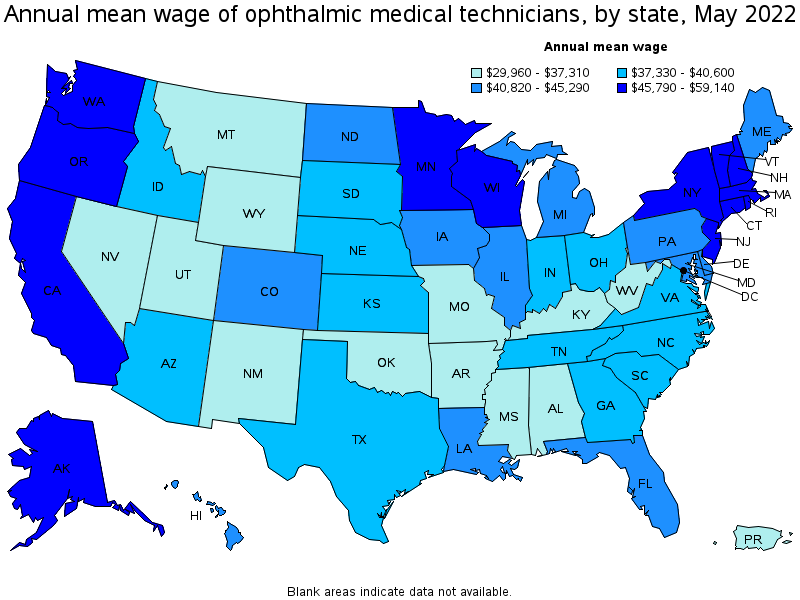 Map of annual mean wages of ophthalmic medical technicians by state, May 2022