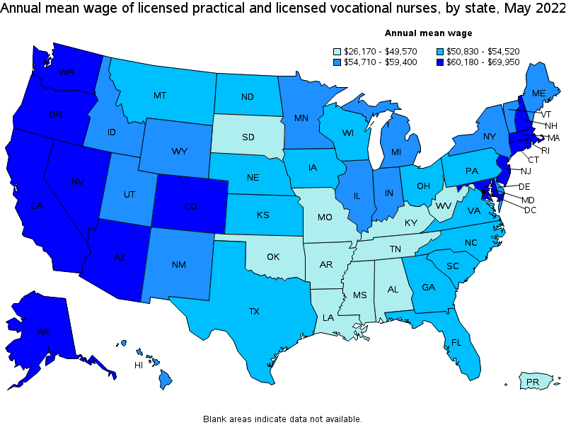 Map of annual mean wages of licensed practical and licensed vocational nurses by state, May 2022