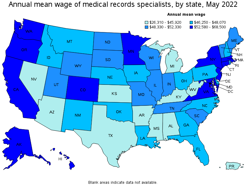 Map of annual mean wages of medical records specialists by state, May 2022