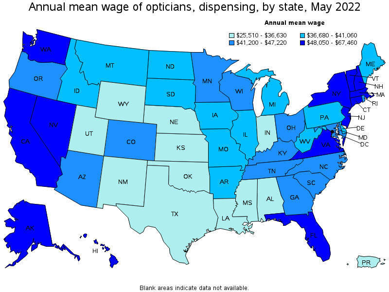 Map of annual mean wages of opticians, dispensing by state, May 2022