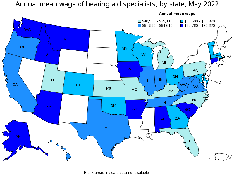 Map of annual mean wages of hearing aid specialists by state, May 2022