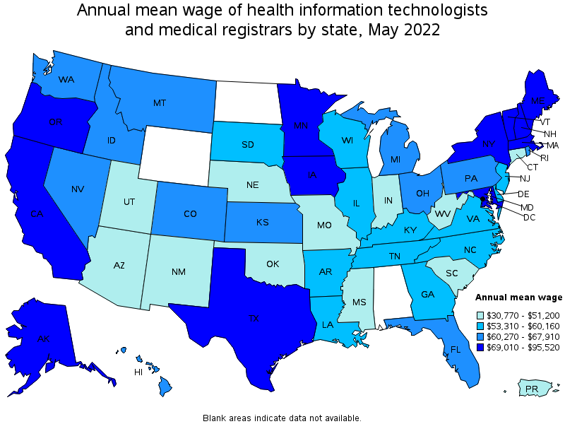 Map of annual mean wages of health information technologists and medical registrars by state, May 2022