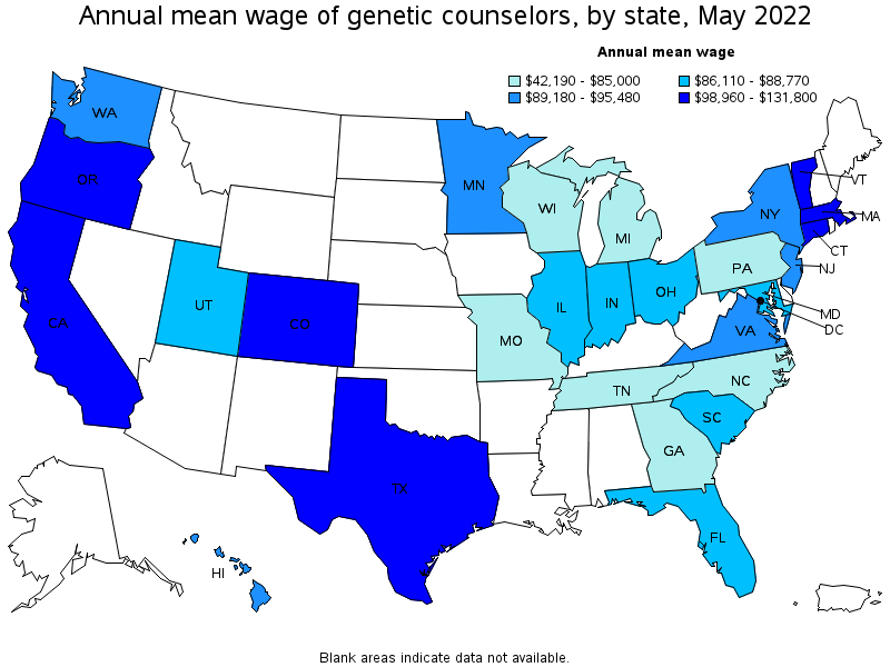 Map of annual mean wages of genetic counselors by state, May 2022