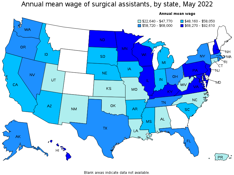Map of annual mean wages of surgical assistants by state, May 2022