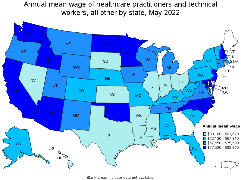 Map of annual mean wages of healthcare practitioners and technical workers, all other by state, May 2022