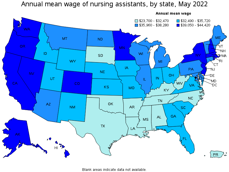 Map of annual mean wages of nursing assistants by state, May 2022