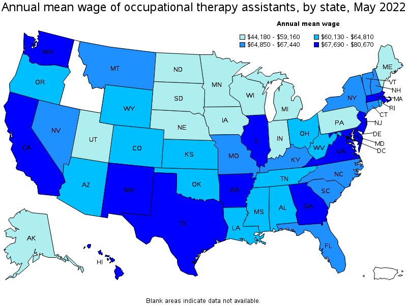 Map of annual mean wages of occupational therapy assistants by state, May 2022