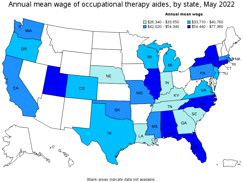 Map of annual mean wages of occupational therapy aides by state, May 2022
