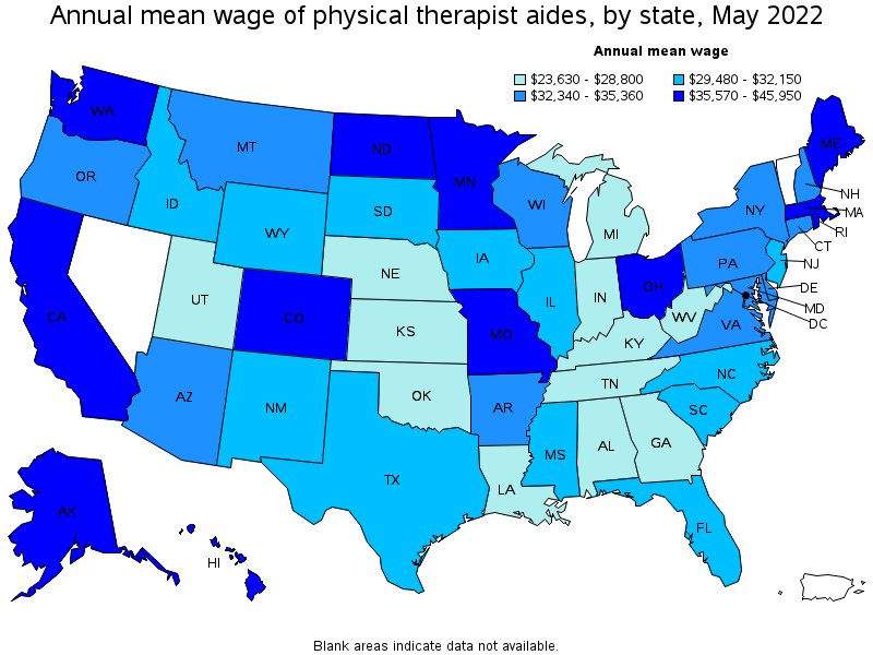 Map of annual mean wages of physical therapist aides by state, May 2022
