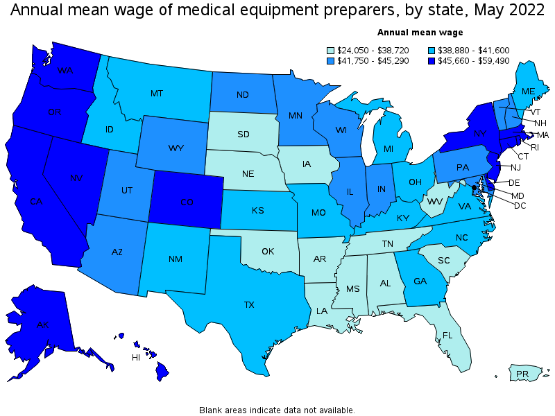 Map of annual mean wages of medical equipment preparers by state, May 2022
