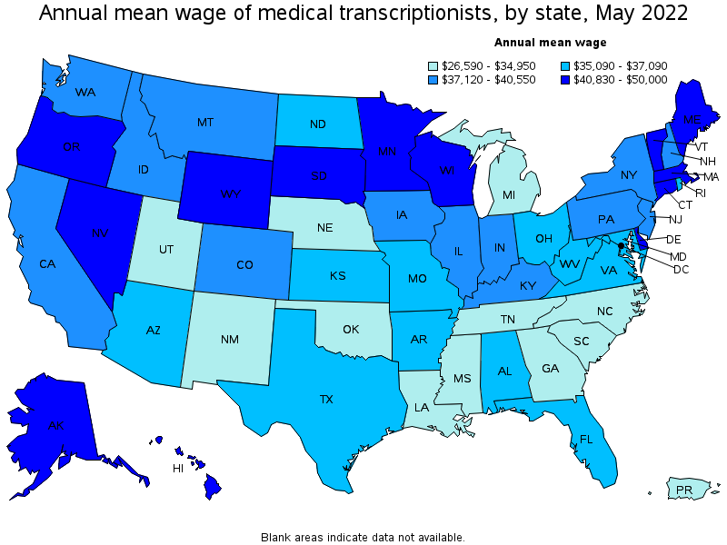 Map of annual mean wages of medical transcriptionists by state, May 2022