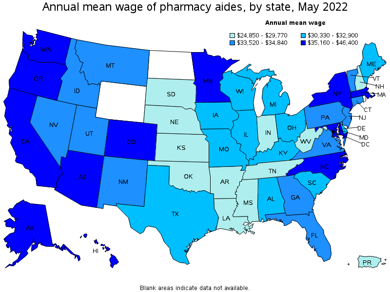 Map of annual mean wages of pharmacy aides by state, May 2022