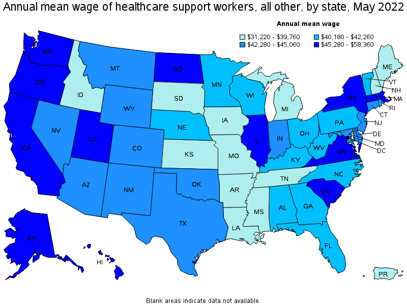 Map of annual mean wages of healthcare support workers, all other by state, May 2022