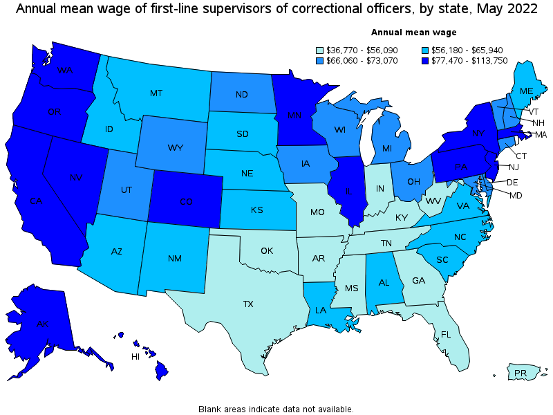Map of annual mean wages of first-line supervisors of correctional officers by state, May 2022