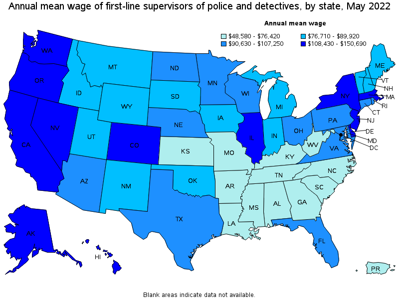Map of annual mean wages of first-line supervisors of police and detectives by state, May 2022