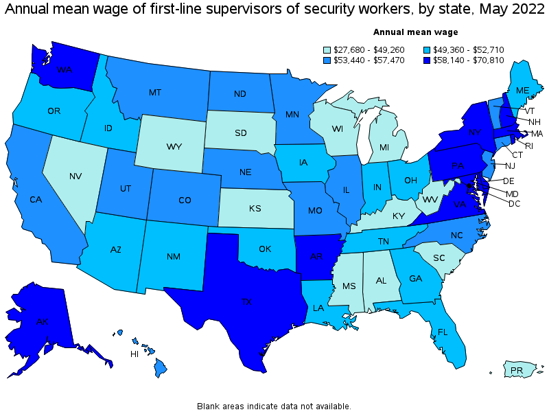 Map of annual mean wages of first-line supervisors of security workers by state, May 2022