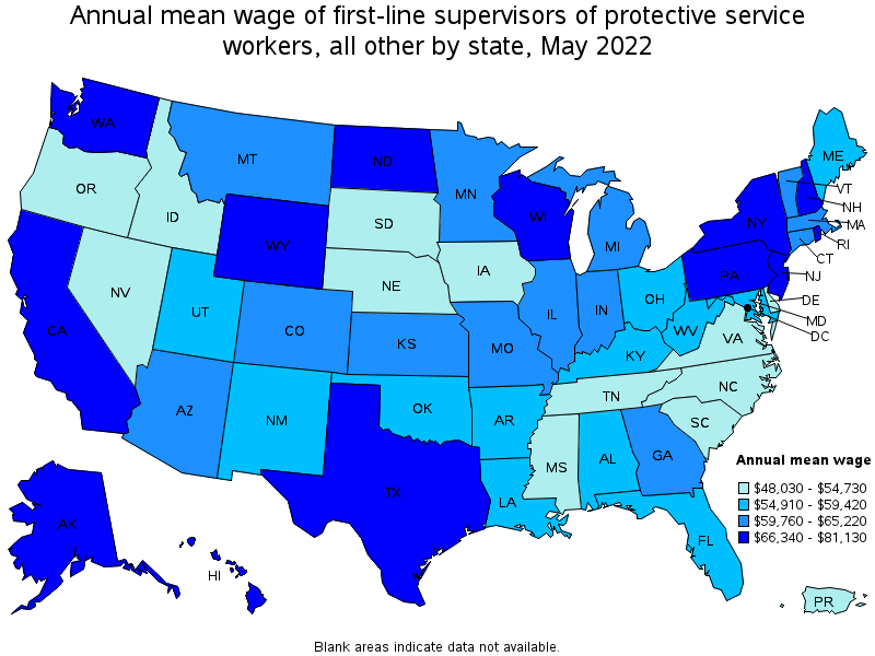 Map of annual mean wages of first-line supervisors of protective service workers, all other by state, May 2022