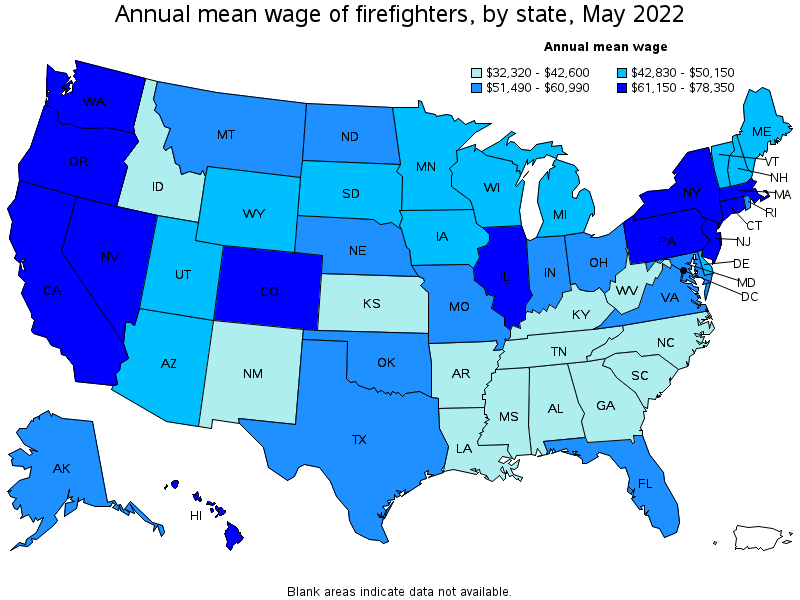 Map of annual mean wages of firefighters by state, May 2022